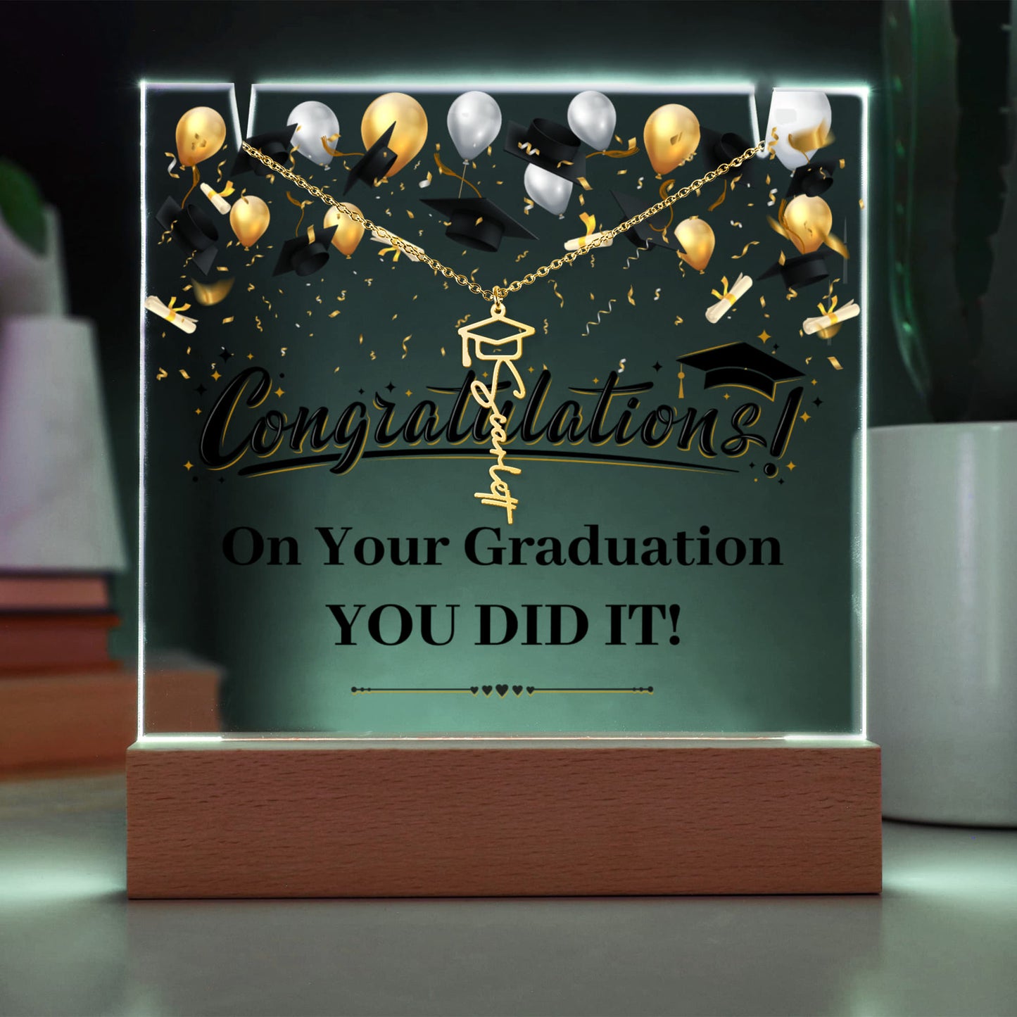 Keepsake Acrylic with Graduation Cap Name Necklace Bundle