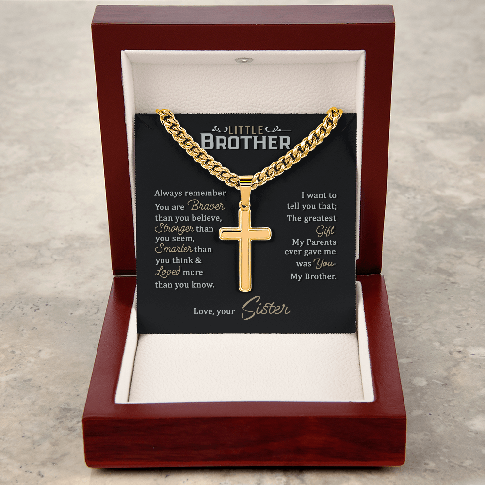 To My Little Brother - Personalized Cross Necklace with Cuban Link Chain