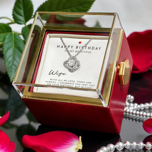 Birthday Gift for Wife - Surprise Rotating Eternal Rose Box & Love Knot Necklace - 14k White or 18k Yellow Gold Finish - Romantic Jewelry Gift for Her