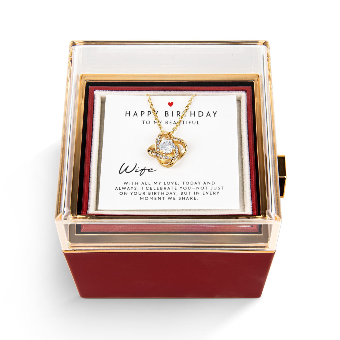 Birthday Gift for Wife - Surprise Rotating Eternal Rose Box & Love Knot Necklace - 14k White or 18k Yellow Gold Finish - Romantic Jewelry Gift for Her