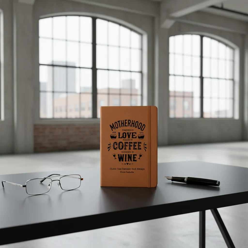 Custom Vegan Leather Journal for Moms - Personalized "Motherhood: Powered by Love, Coffee & Wine" Notebook - Gift for New Mom, Birthday, or Mother’s Day