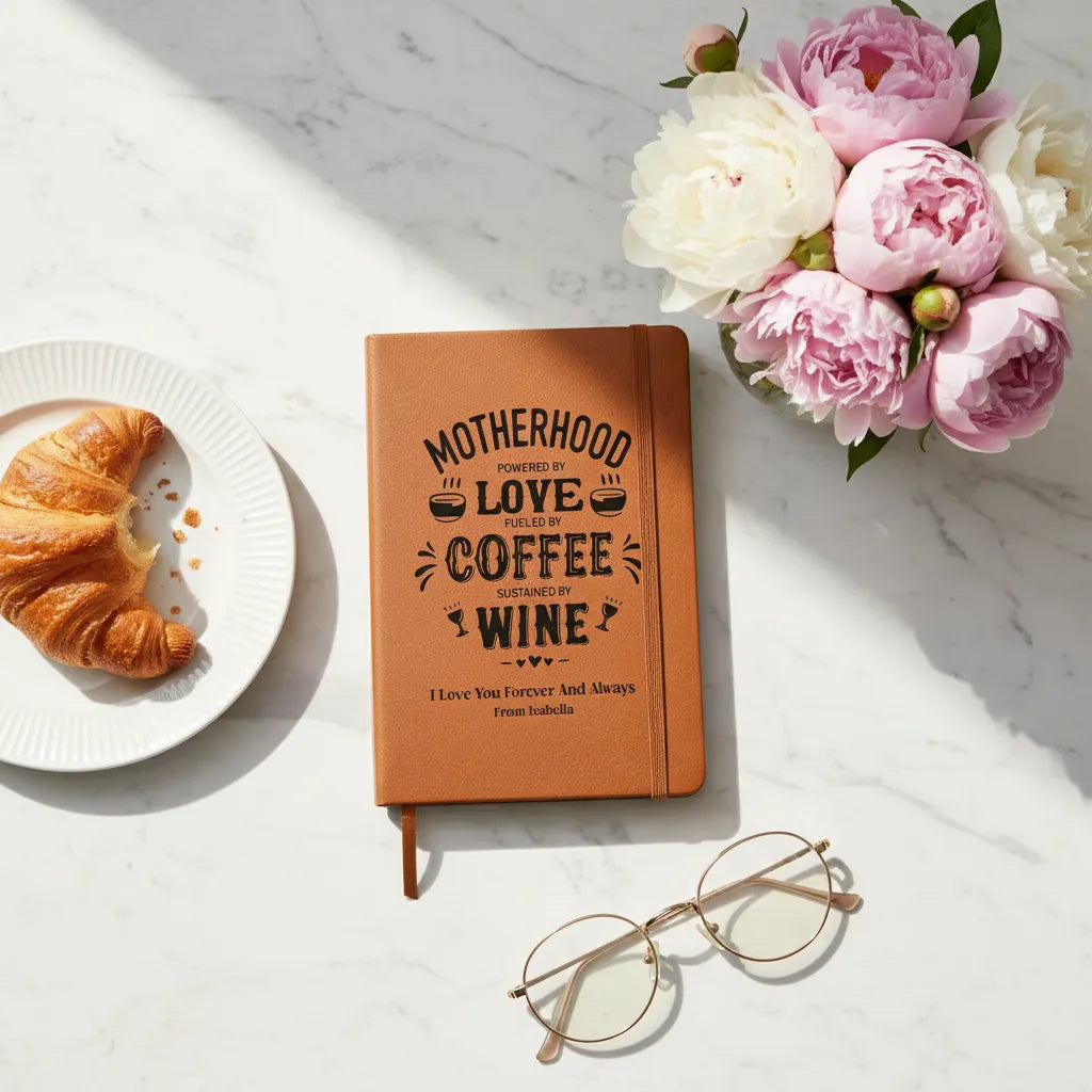 Custom Vegan Leather Journal for Moms - Personalized "Motherhood: Powered by Love, Coffee & Wine" Notebook - Gift for New Mom, Birthday, or Mother’s Day