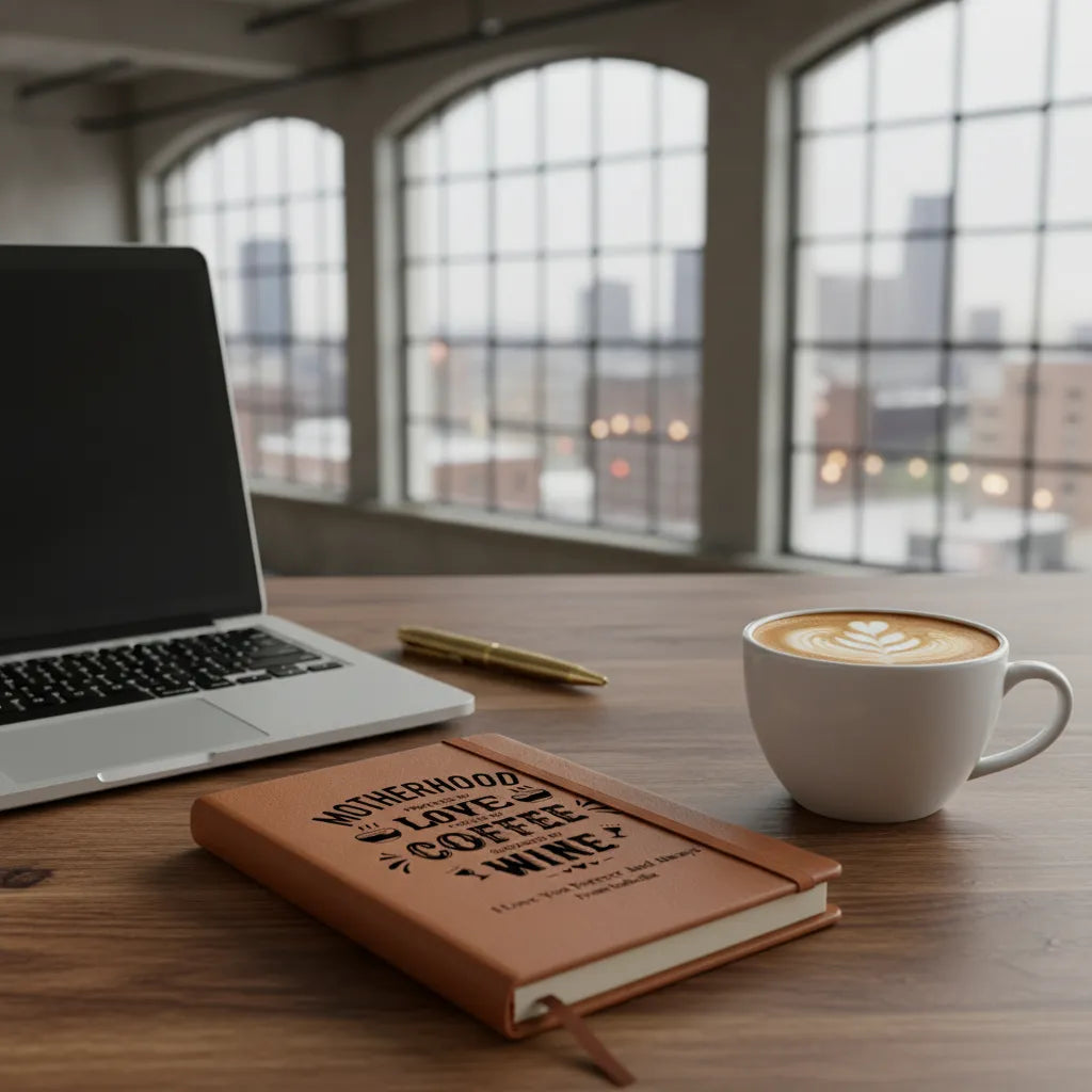 Custom Vegan Leather Journal for Moms - Personalized "Motherhood: Powered by Love, Coffee & Wine" Notebook - Gift for New Mom, Birthday, or Mother’s Day