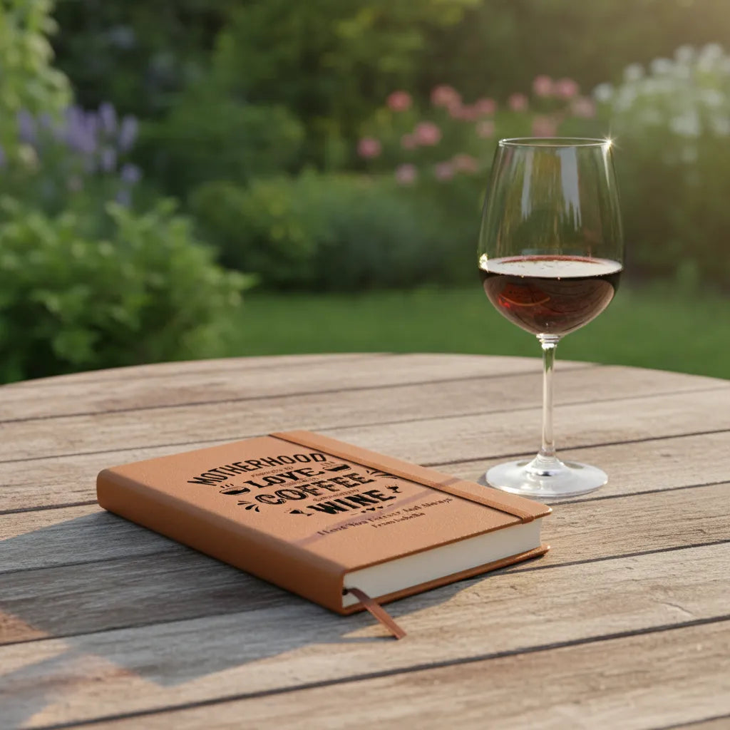 Custom Vegan Leather Journal for Moms - Personalized "Motherhood: Powered by Love, Coffee & Wine" Notebook - Gift for New Mom, Birthday, or Mother’s Day