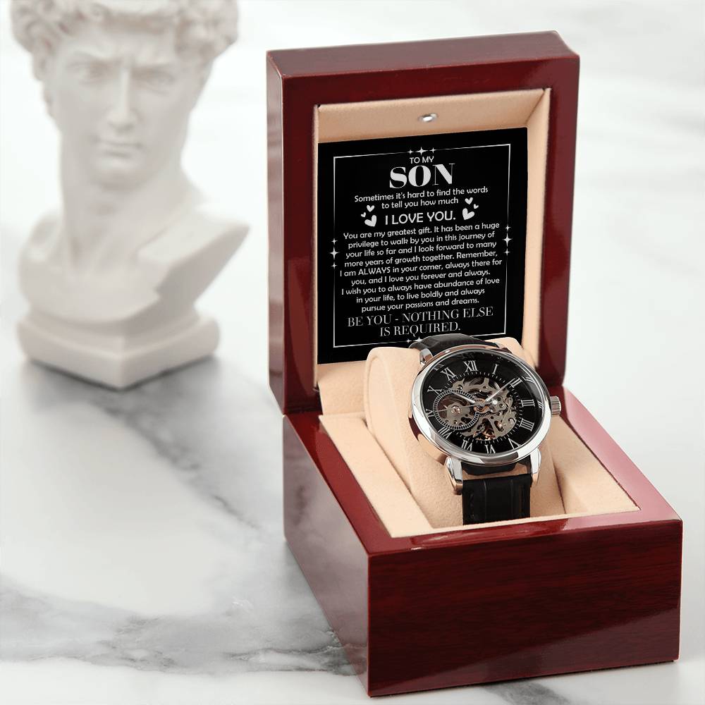 To My Son: The Openwork Skeleton Watch Edition – Premium Men's Timepiece & Message Card