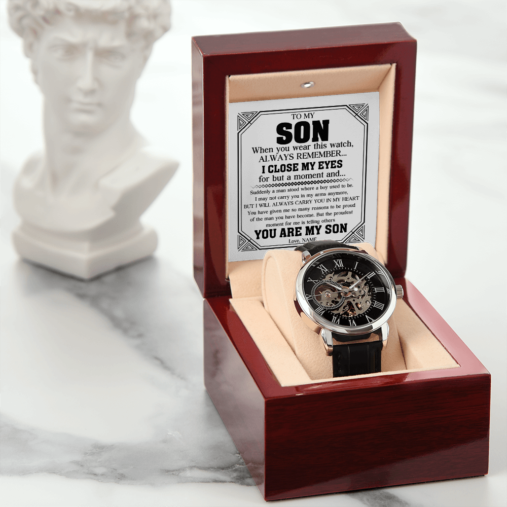 "Always My Son" Luxury Openwork Watch Gift Set | Handcrafted Timepiece with Heartfelt Keepsake Message Card