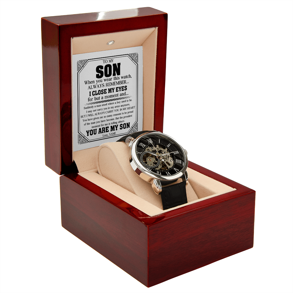 "Always My Son" Luxury Openwork Watch Gift Set | Handcrafted Timepiece with Heartfelt Keepsake Message Card