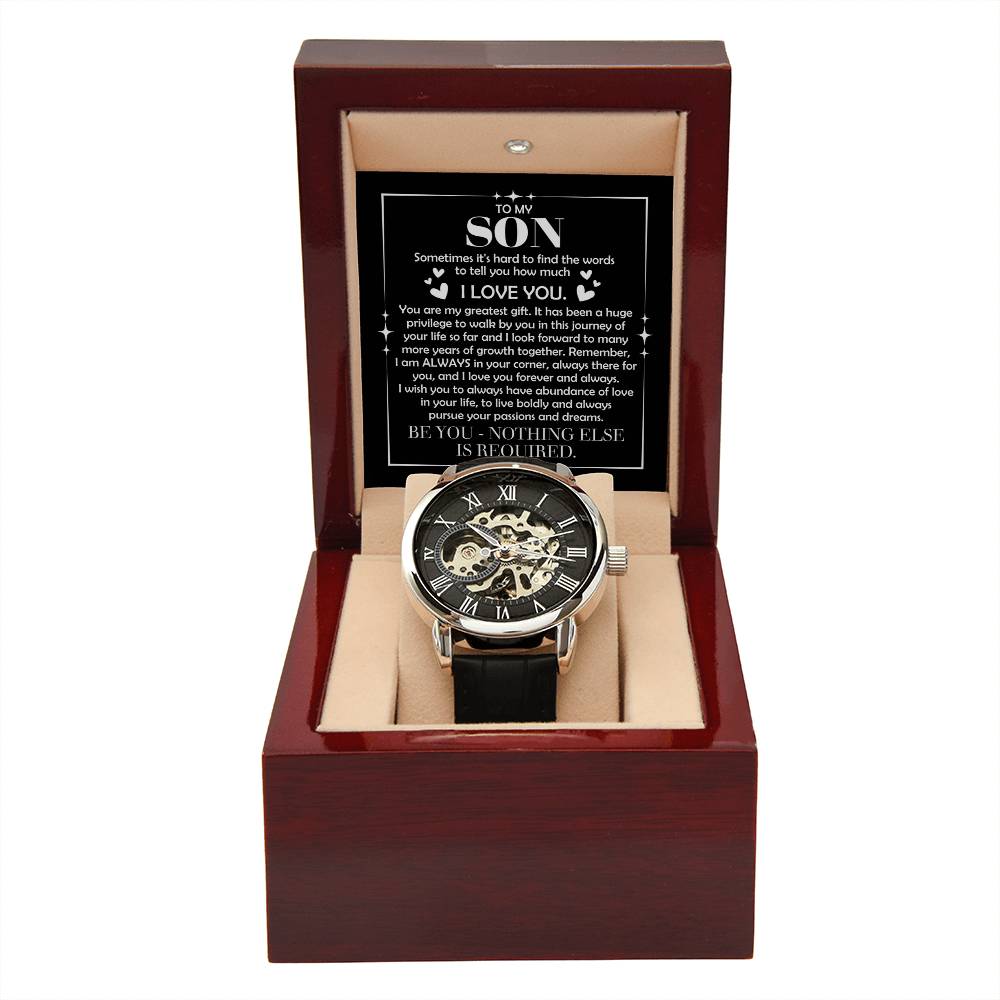 To My Son: The Openwork Skeleton Watch Edition – Premium Men's Timepiece & Message Card