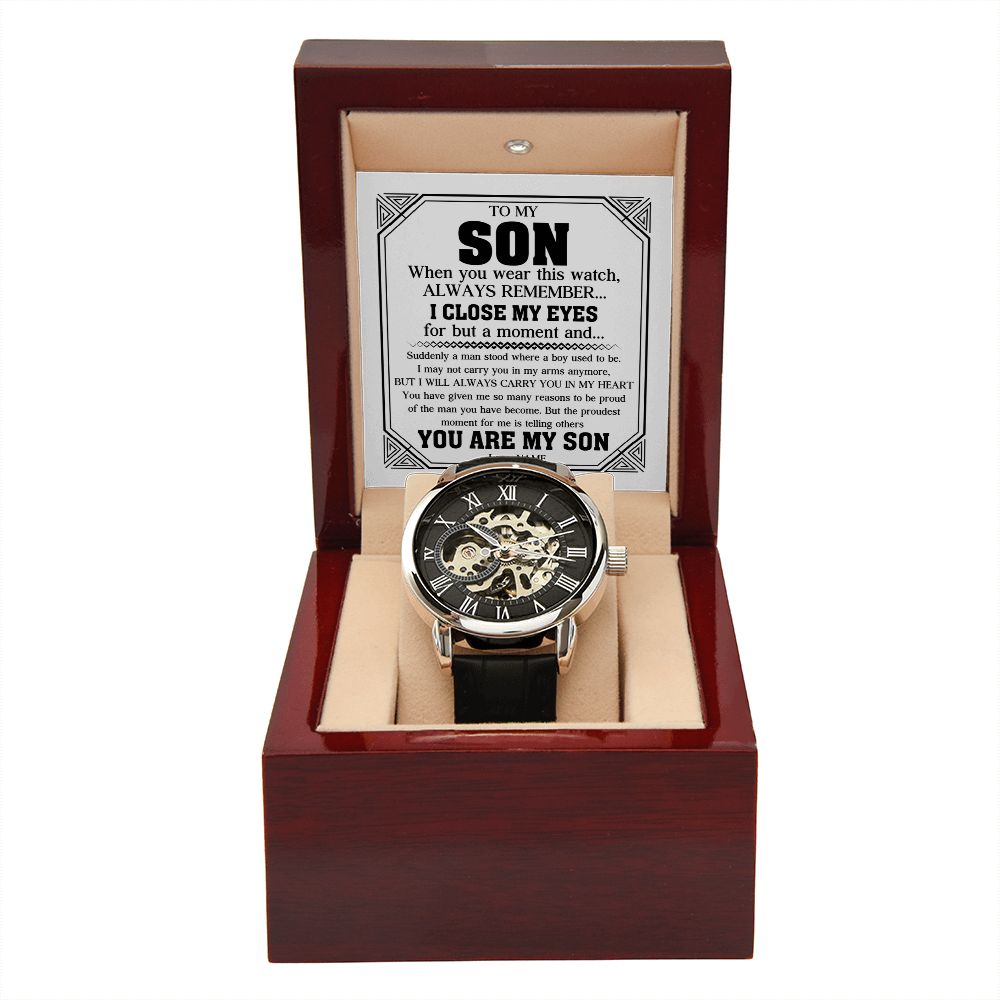 "Always My Son" Luxury Openwork Watch Gift Set | Handcrafted Timepiece with Heartfelt Keepsake Message Card