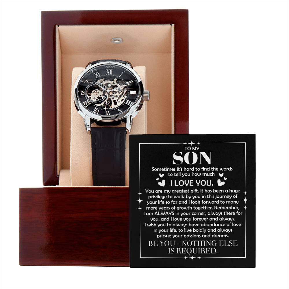 To My Son: The Openwork Skeleton Watch Edition – Premium Men's Timepiece & Message Card