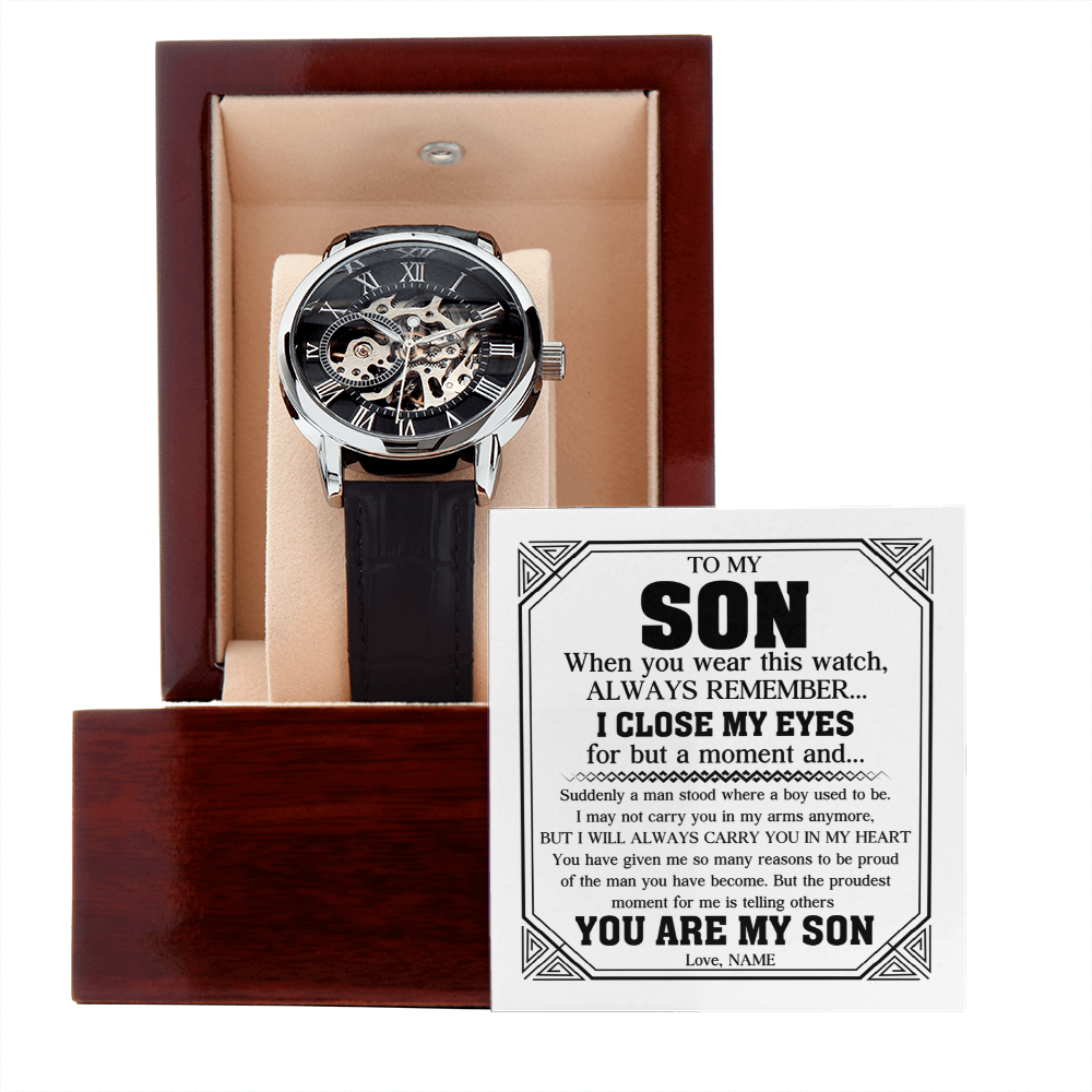"Always My Son" Luxury Openwork Watch Gift Set | Handcrafted Timepiece with Heartfelt Keepsake Message Card