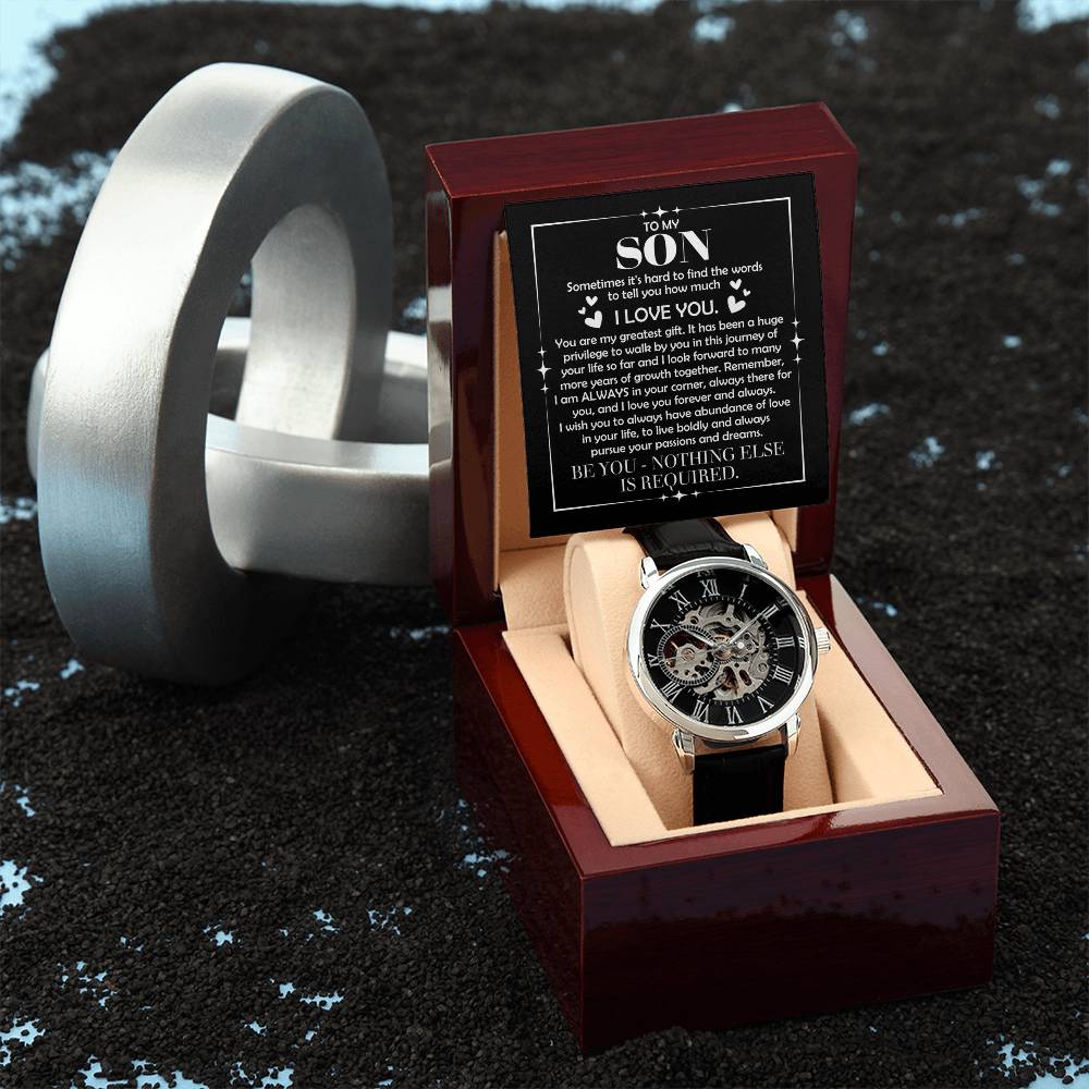 To My Son: The Openwork Skeleton Watch Edition – Premium Men's Timepiece & Message Card