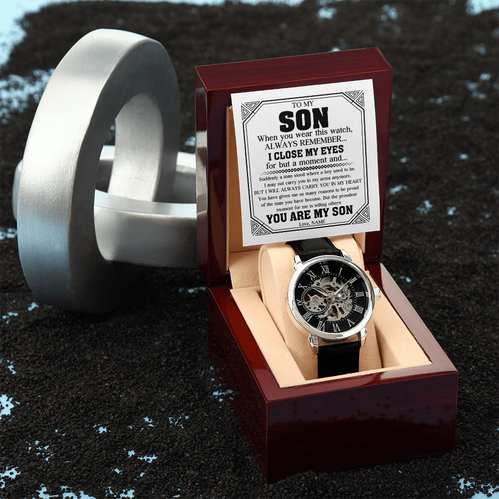 "Always My Son" Luxury Openwork Watch Gift Set | Handcrafted Timepiece with Heartfelt Keepsake Message Card