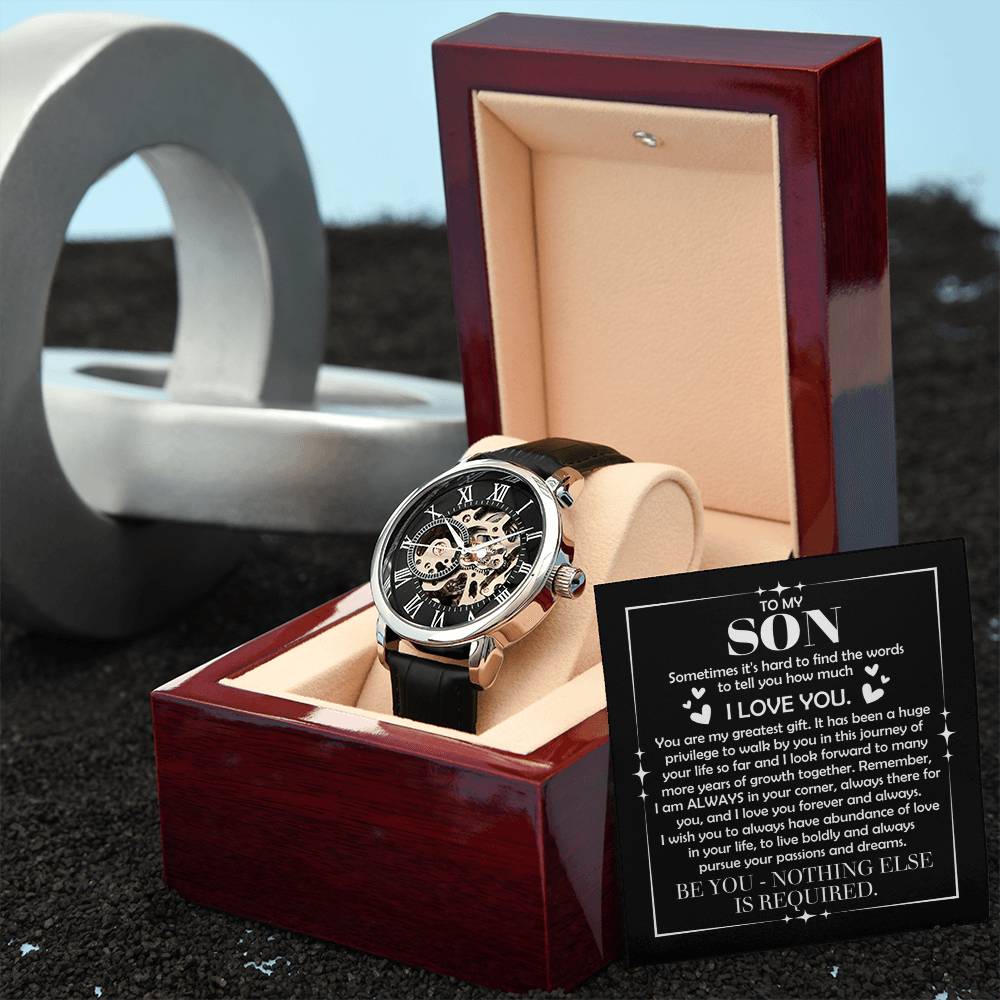To My Son: The Openwork Skeleton Watch Edition – Premium Men's Timepiece & Message Card