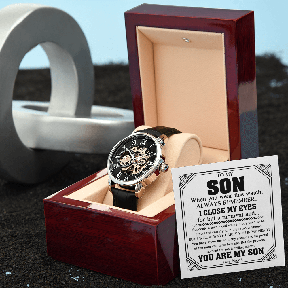 "Always My Son" Luxury Openwork Watch Gift Set | Handcrafted Timepiece with Heartfelt Keepsake Message Card
