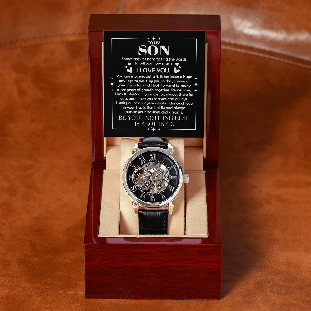To My Son: The Openwork Skeleton Watch Edition – Premium Men's Timepiece & Message Card