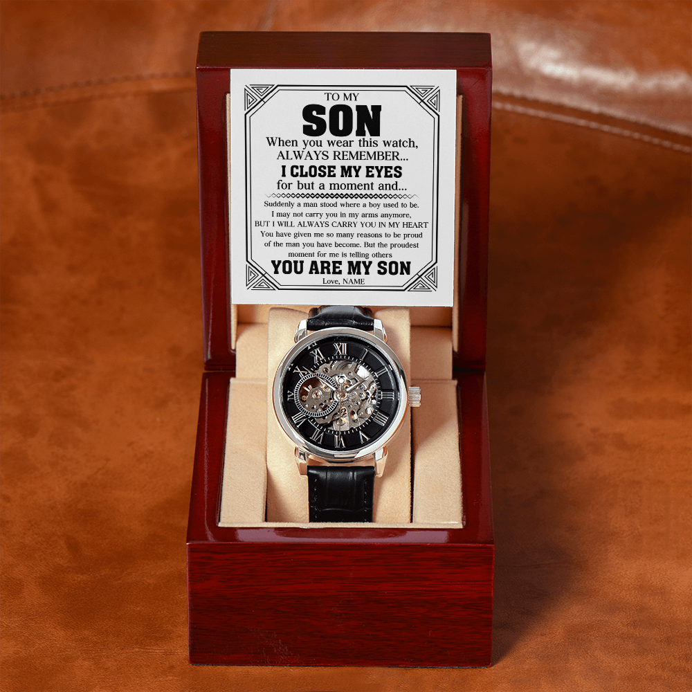 "Always My Son" Luxury Openwork Watch Gift Set | Handcrafted Timepiece with Heartfelt Keepsake Message Card