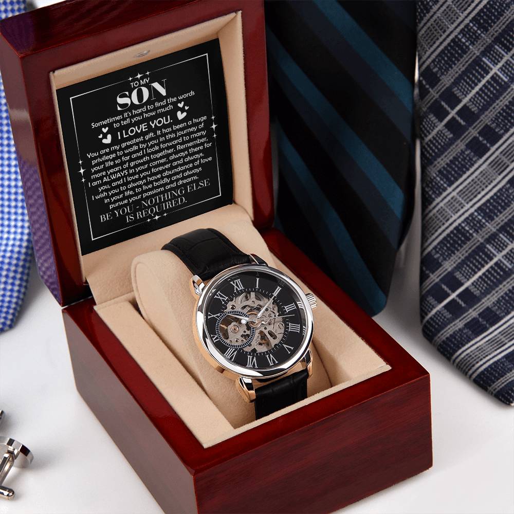 To My Son: The Openwork Skeleton Watch Edition – Premium Men's Timepiece & Message Card