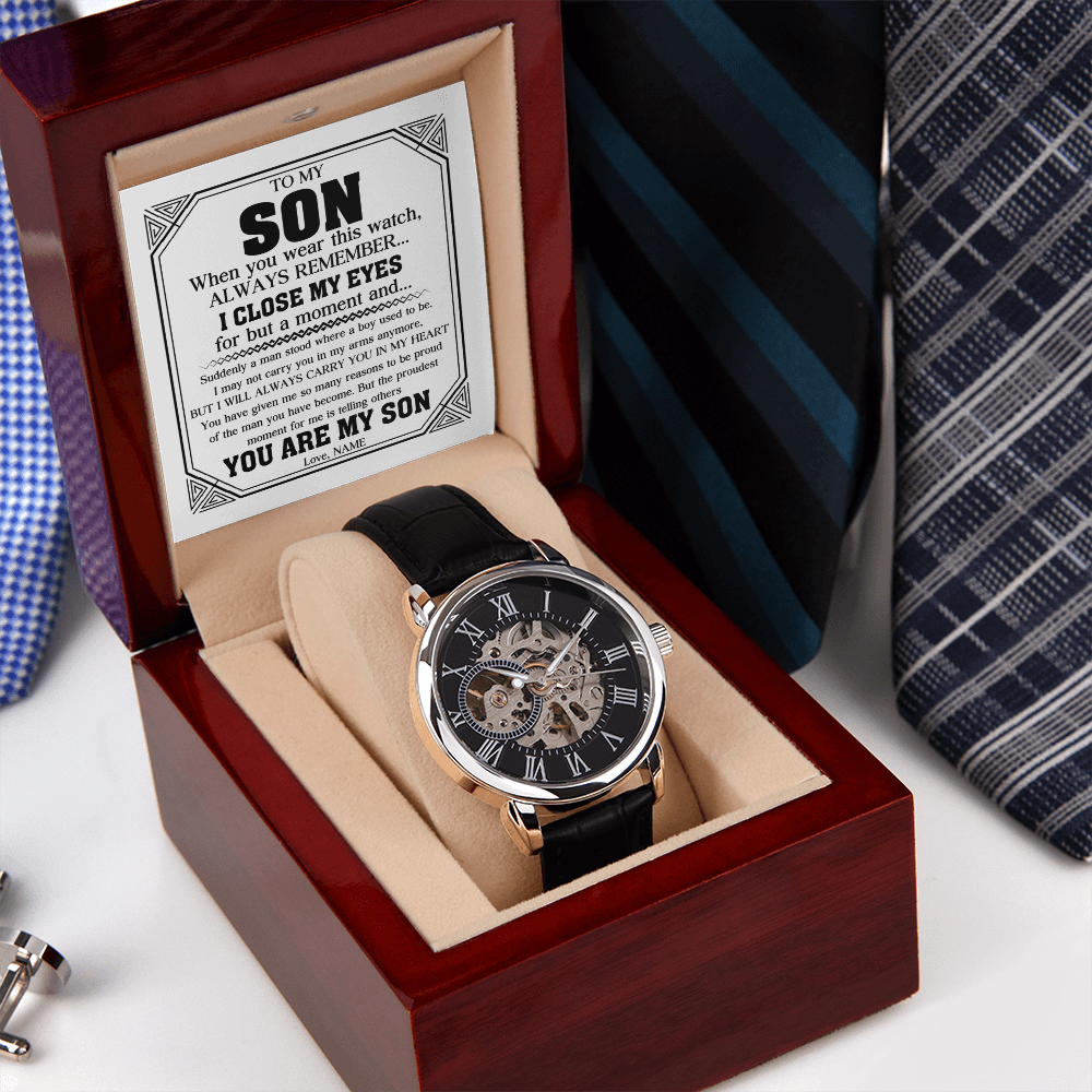 "Always My Son" Luxury Openwork Watch Gift Set | Handcrafted Timepiece with Heartfelt Keepsake Message Card