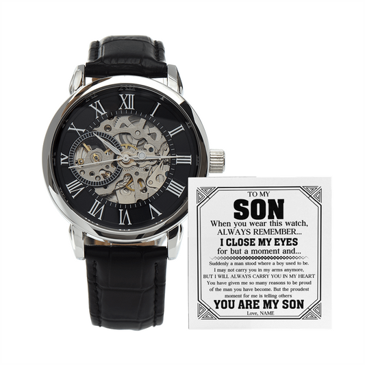 "Always My Son" Luxury Openwork Watch Gift Set | Handcrafted Timepiece with Heartfelt Keepsake Message Card
