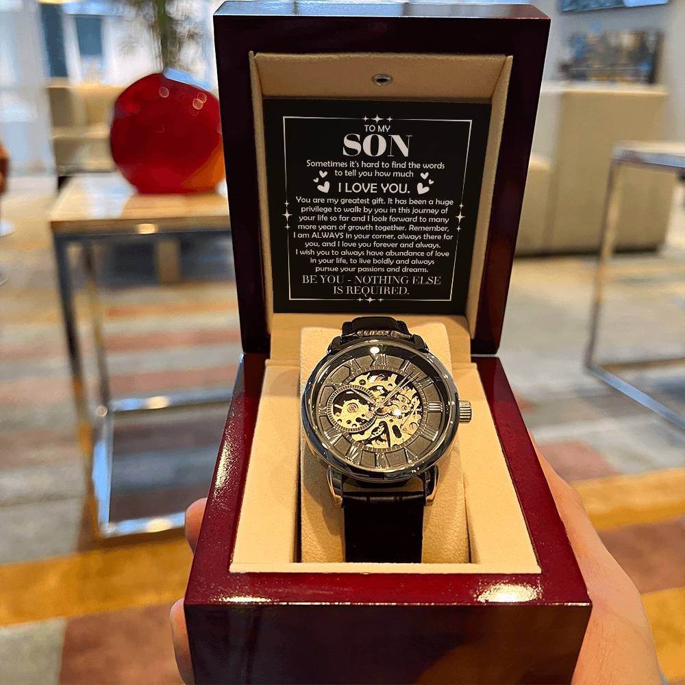 To My Son: The Openwork Skeleton Watch Edition – Premium Men's Timepiece & Message Card