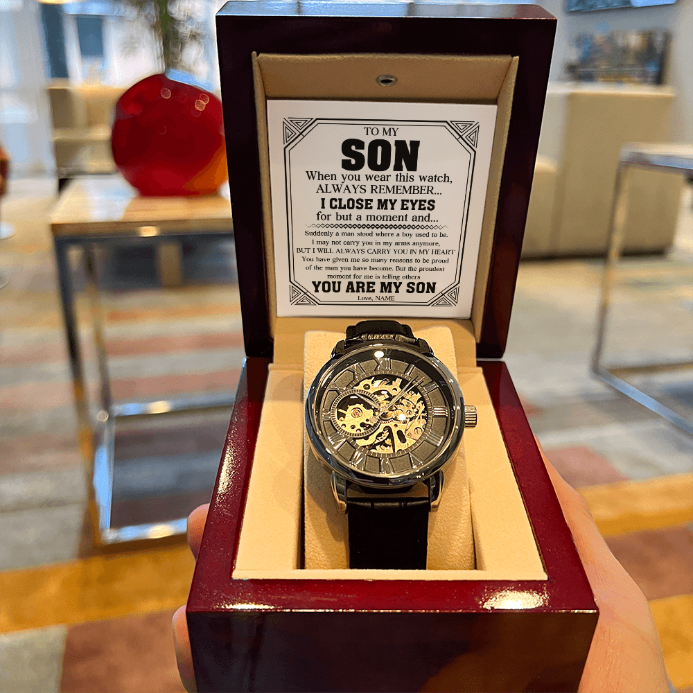 "Always My Son" Luxury Openwork Watch Gift Set | Handcrafted Timepiece with Heartfelt Keepsake Message Card