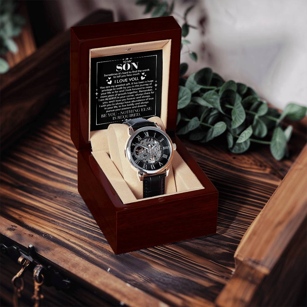 To My Son: The Openwork Skeleton Watch Edition – Premium Men's Timepiece & Message Card