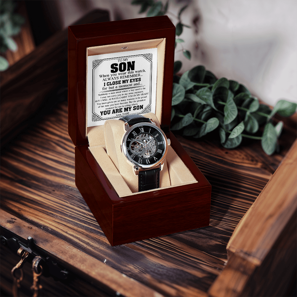 "Always My Son" Luxury Openwork Watch Gift Set | Handcrafted Timepiece with Heartfelt Keepsake Message Card