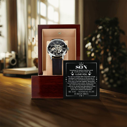 To My Son: The Openwork Skeleton Watch Edition – Premium Men's Timepiece & Message Card