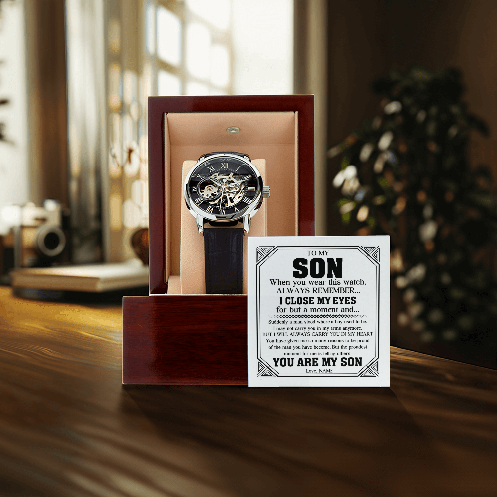 "Always My Son" Luxury Openwork Watch Gift Set | Handcrafted Timepiece with Heartfelt Keepsake Message Card