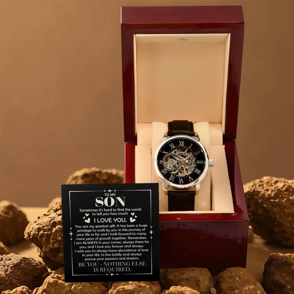 To My Son: The Openwork Skeleton Watch Edition – Premium Men's Timepiece & Message Card