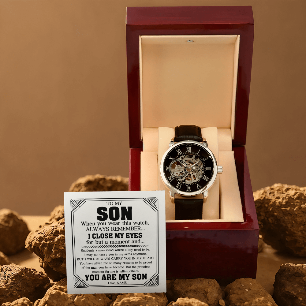 "Always My Son" Luxury Openwork Watch Gift Set | Handcrafted Timepiece with Heartfelt Keepsake Message Card