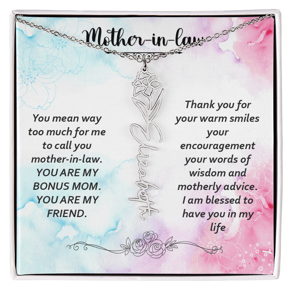To My Mother-In-Law - Flower Name Necklace with Heartfelt Message Card