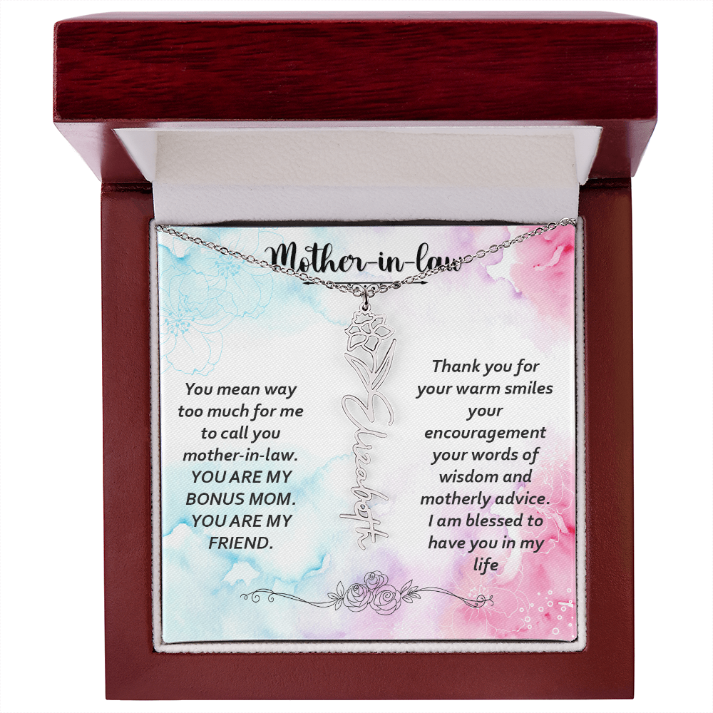 To My Mother-In-Law - Flower Name Necklace with Heartfelt Message Card