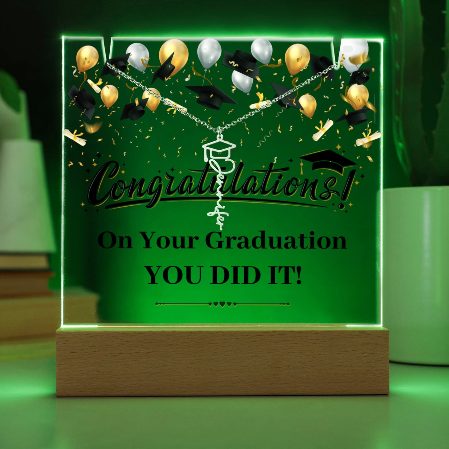 Keepsake Acrylic with Graduation Cap Name Necklace Bundle