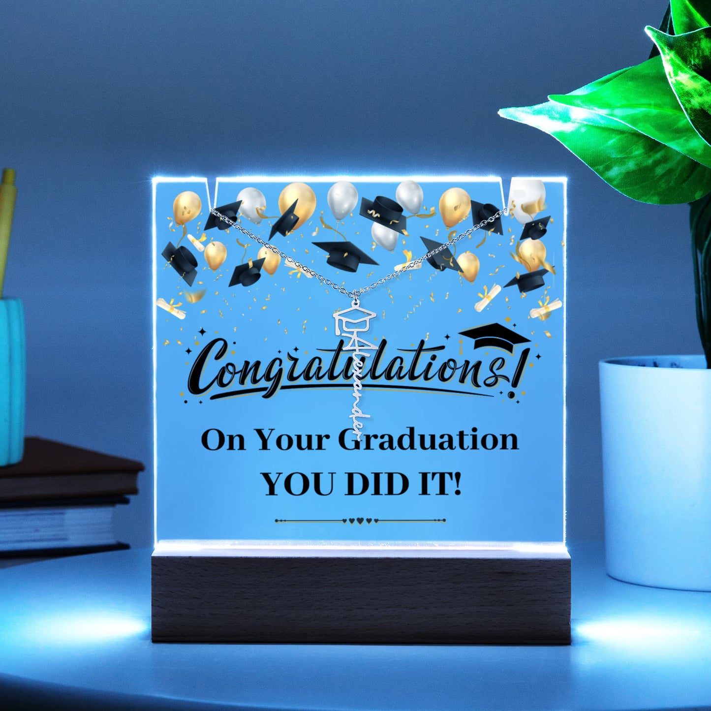 Keepsake Acrylic with Graduation Cap Name Necklace Bundle