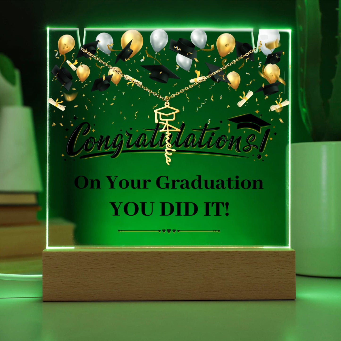 Keepsake Acrylic with Graduation Cap Name Necklace Bundle