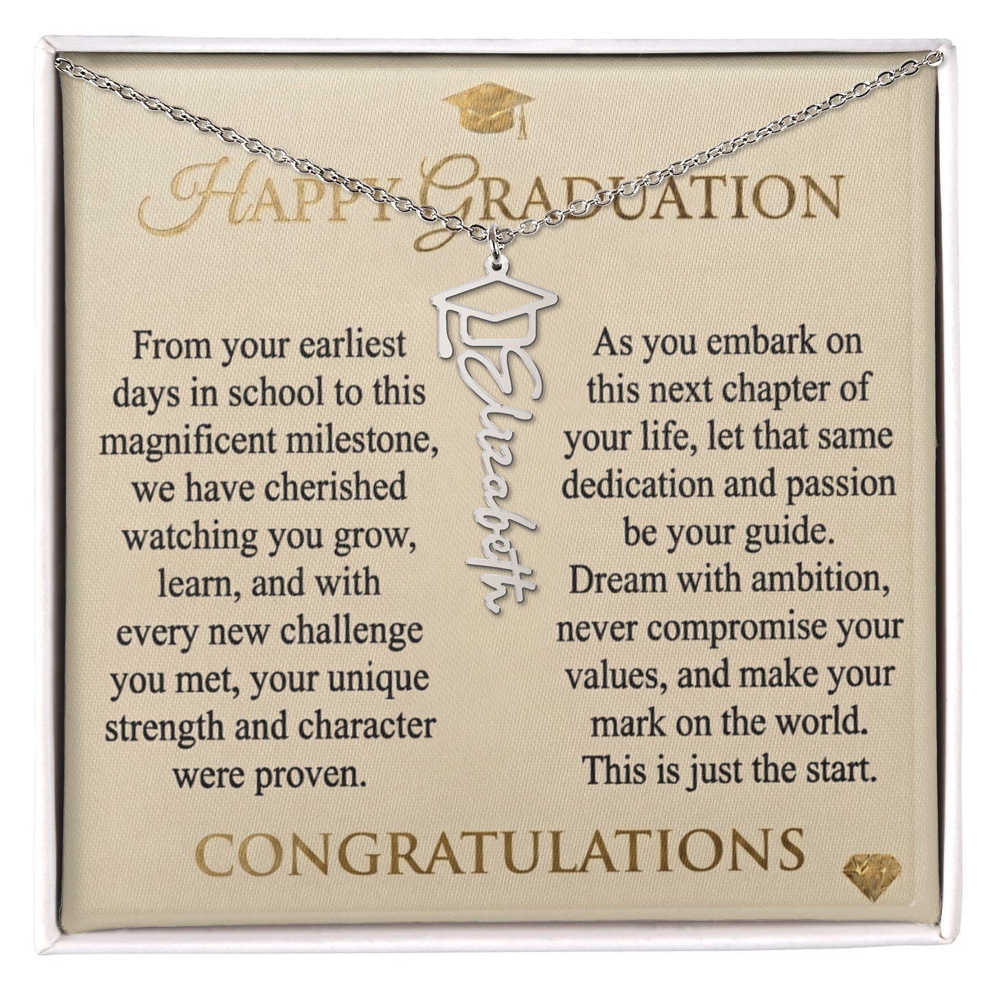 Personalized Graduation Cap Necklace with Inspirational Message Card - Meaningful Gift for Her