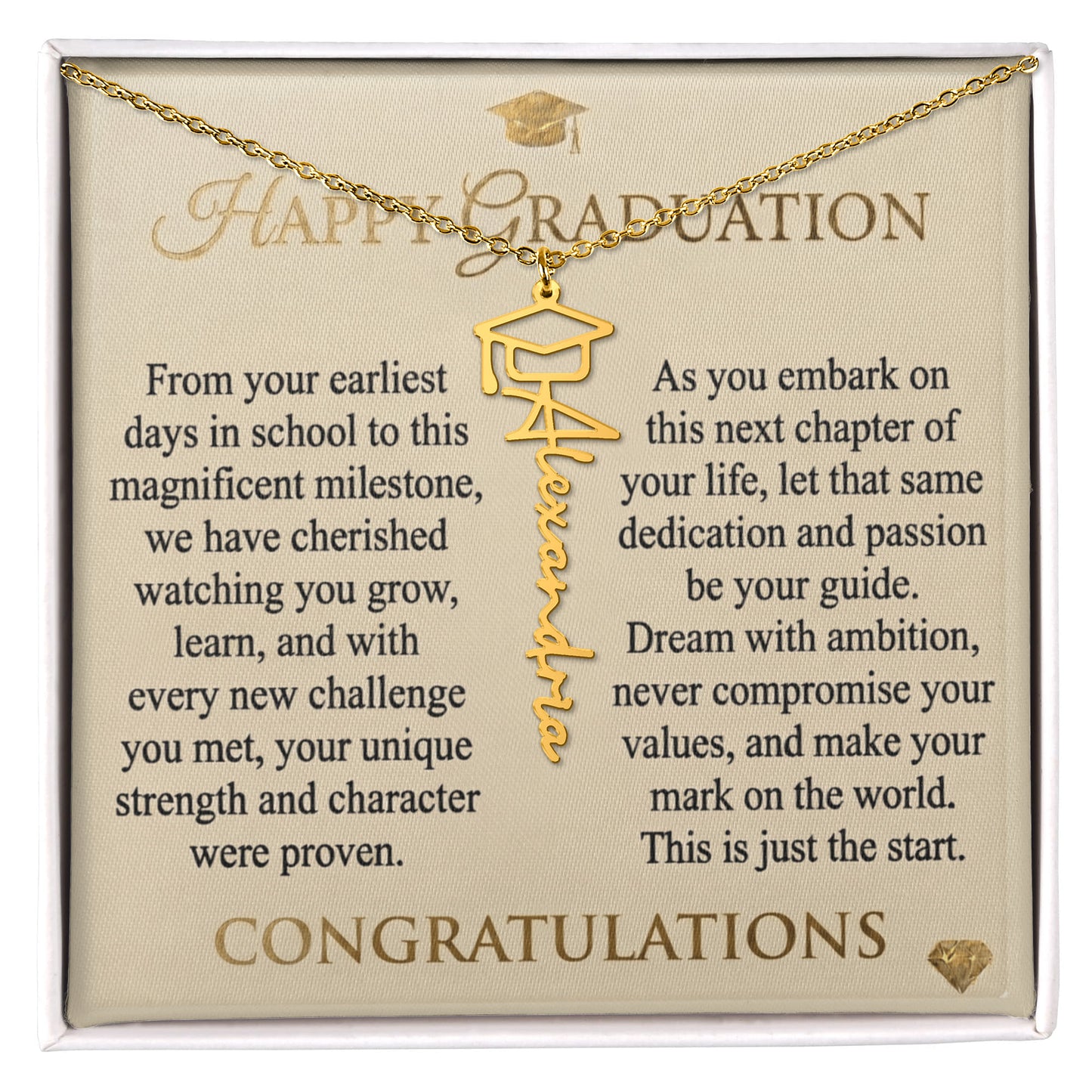 Personalized Graduation Cap Necklace with Inspirational Message Card - Meaningful Gift for Her