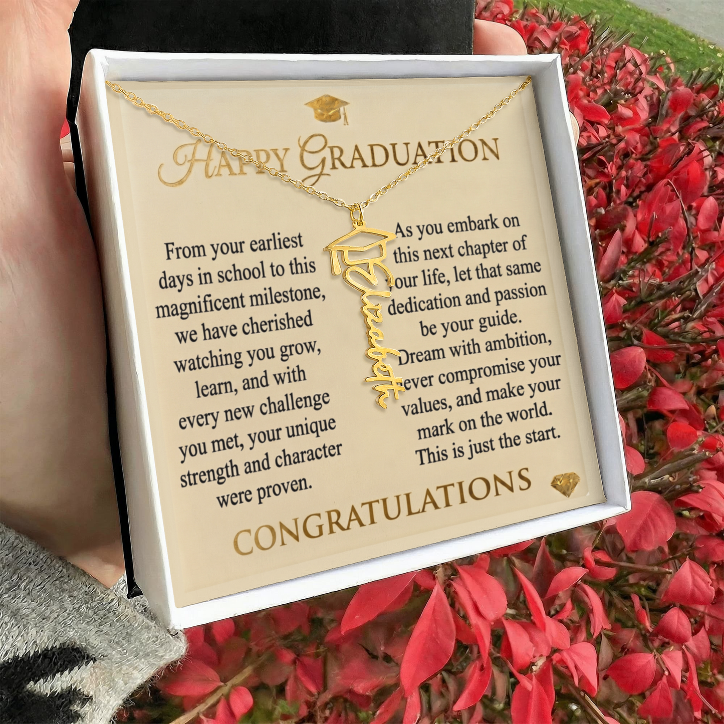 Personalized Graduation Cap Necklace with Inspirational Message Card - Meaningful Gift for Her
