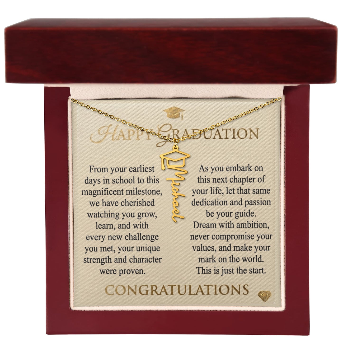 Personalized Graduation Cap Necklace with Inspirational Message Card - Meaningful Gift for Her