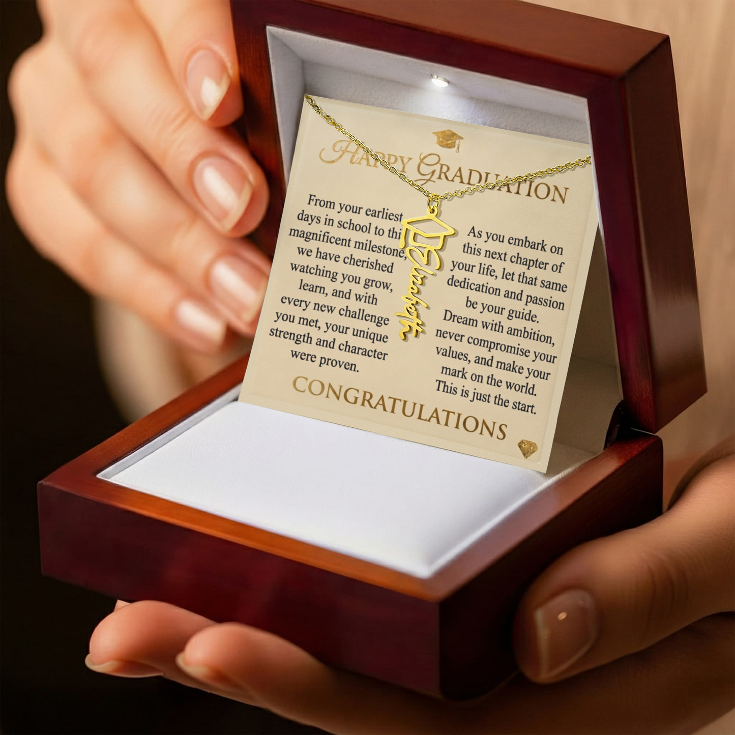 Personalized Graduation Cap Necklace with Inspirational Message Card - Meaningful Gift for Her