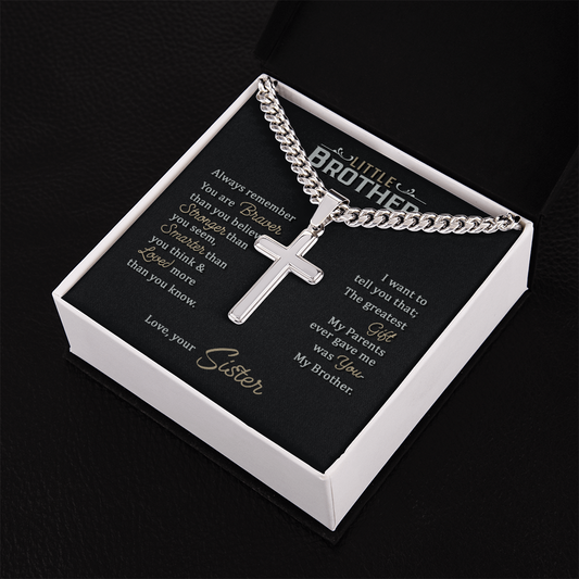 To My Little Brother - Personalized Cross Necklace with Cuban Link Chain