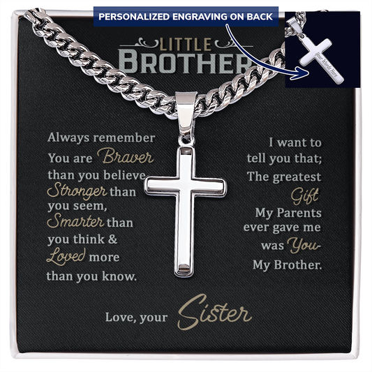 To My Little Brother - Personalized Cross Necklace with Cuban Link Chain