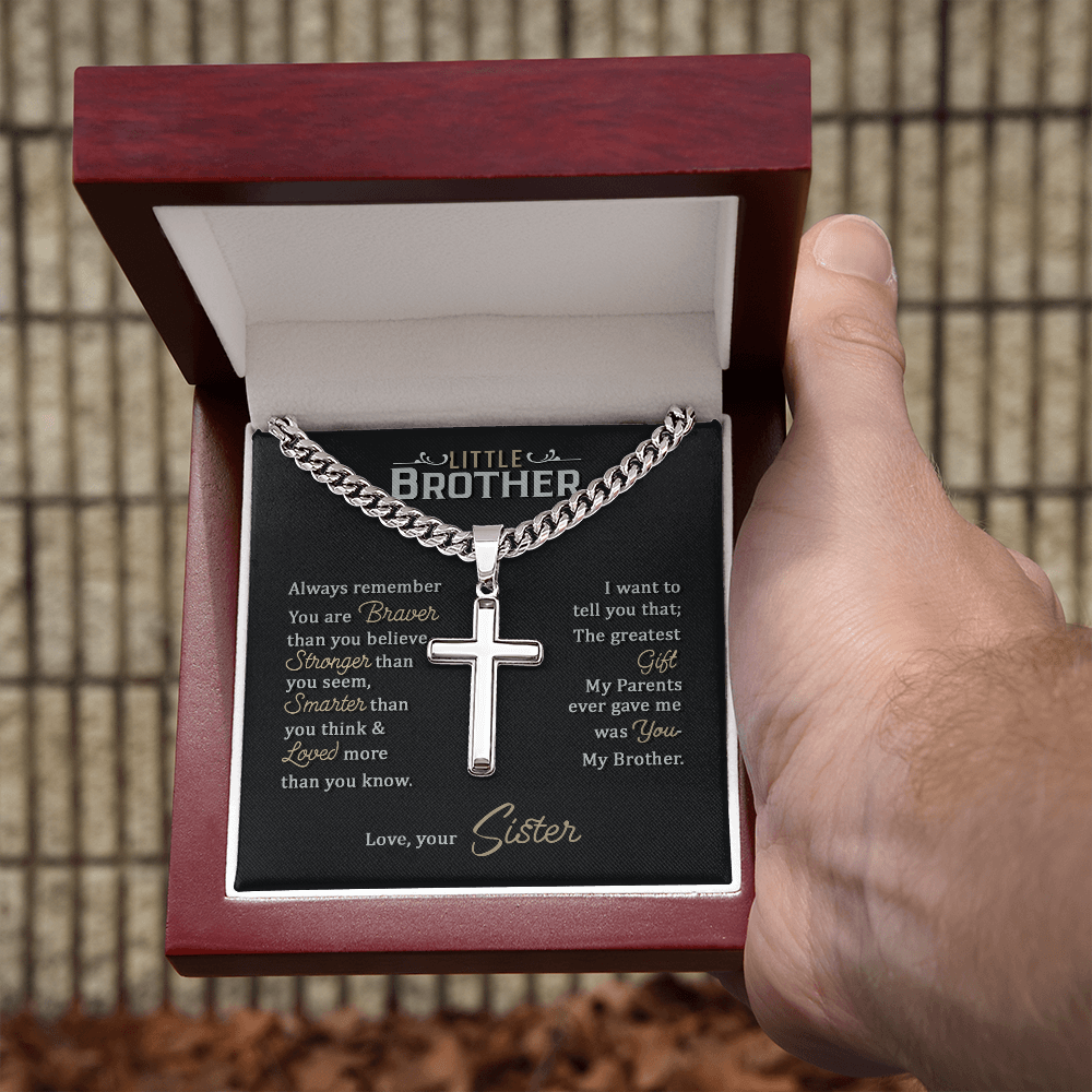 To My Little Brother - Personalized Cross Necklace with Cuban Link Chain