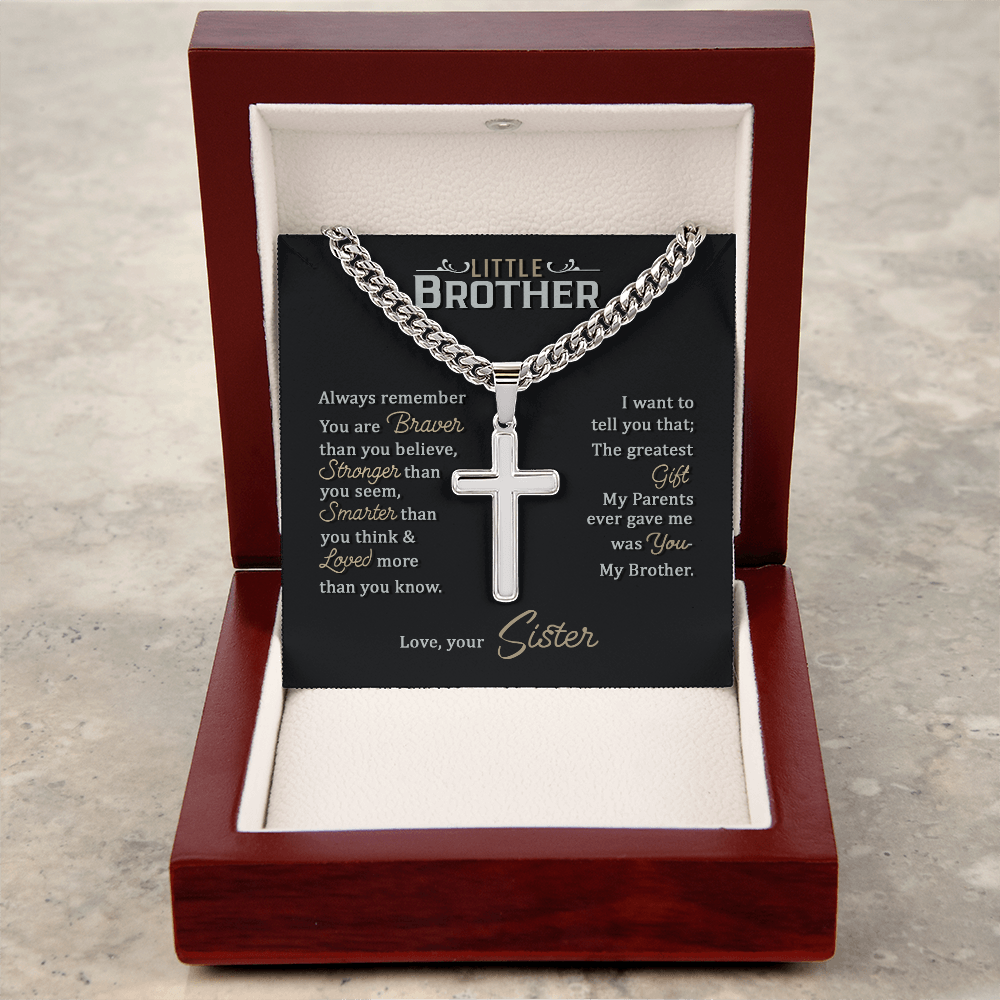 To My Little Brother - Personalized Cross Necklace with Cuban Link Chain