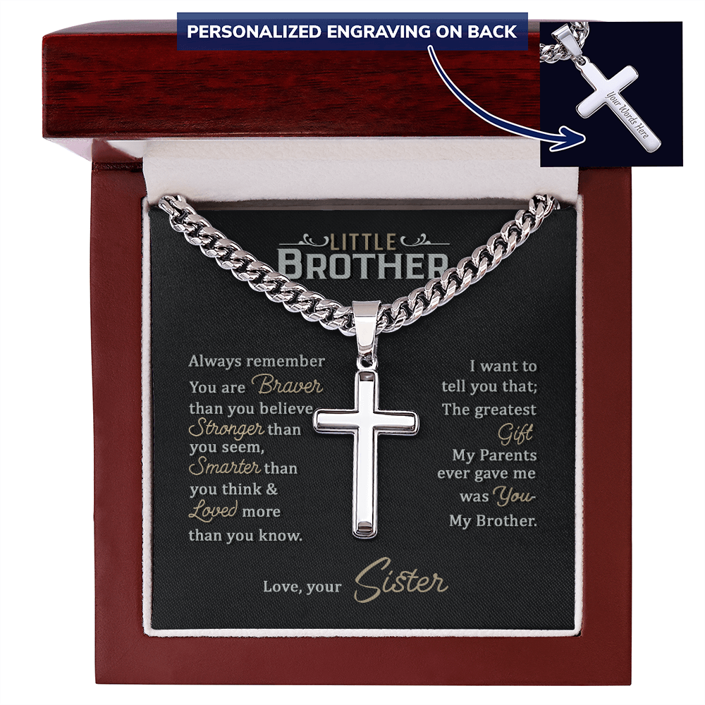 To My Little Brother - Personalized Cross Necklace with Cuban Link Chain