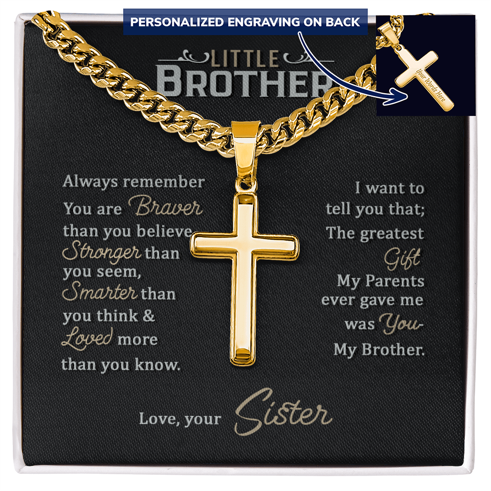 To My Little Brother - Personalized Cross Necklace with Cuban Link Chain