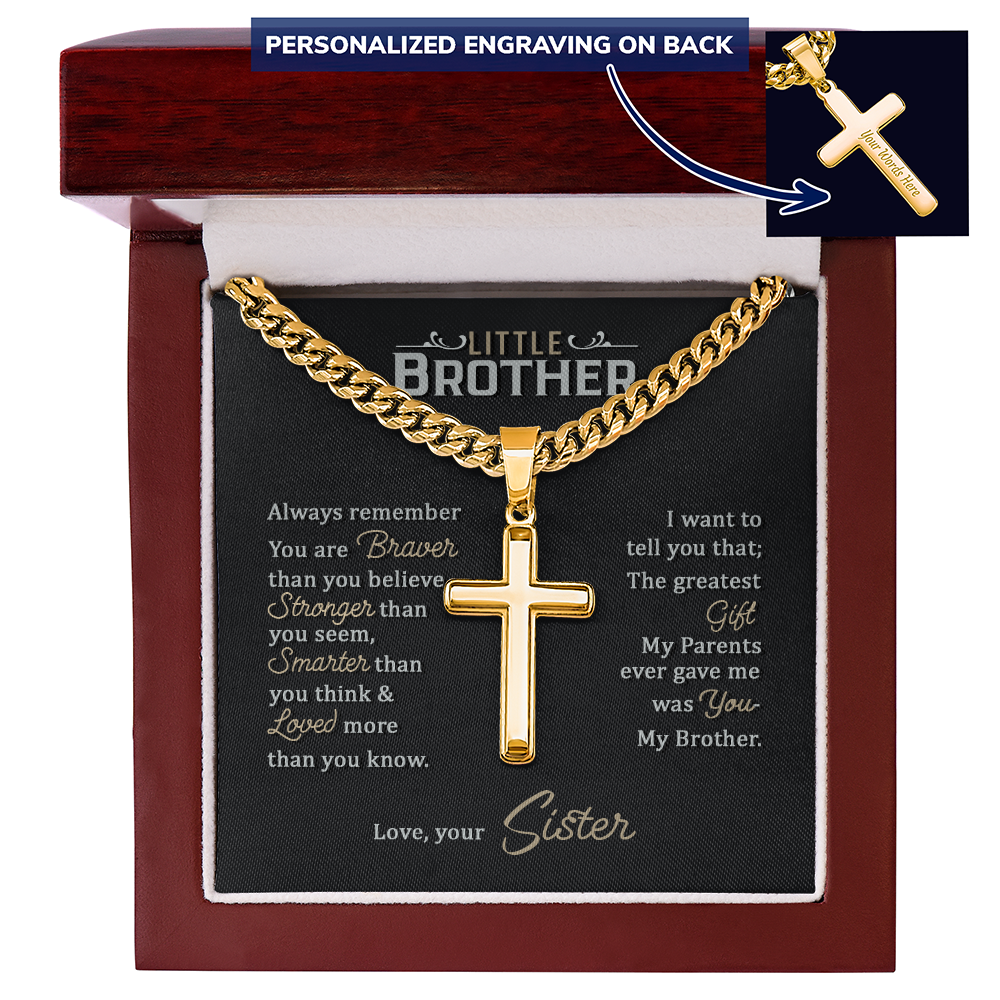 To My Little Brother - Personalized Cross Necklace with Cuban Link Chain