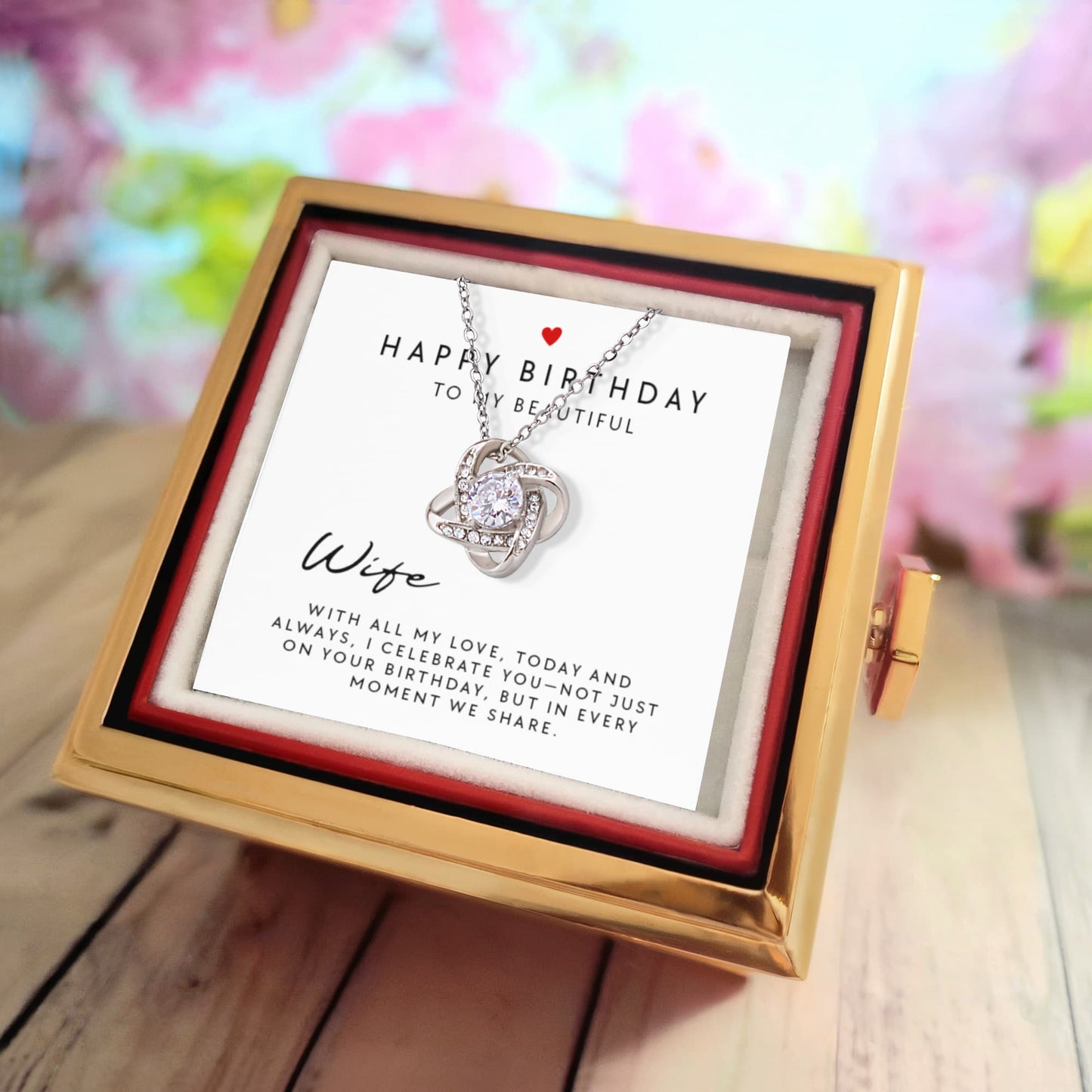 Birthday Gift for Wife - Surprise Rotating Eternal Rose Box & Love Knot Necklace - 14k White or 18k Yellow Gold Finish - Romantic Jewelry Gift for Her